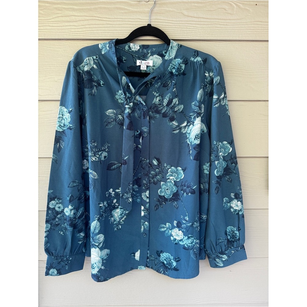 Floral Blouse Womens XL Teal Blue Tie Neck Long Sleeve Boho Top